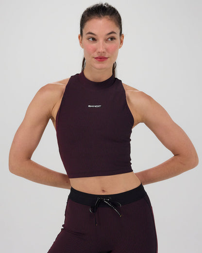 Striped Cadence™ Mockneck Halter Race Crop - Black/ Fig