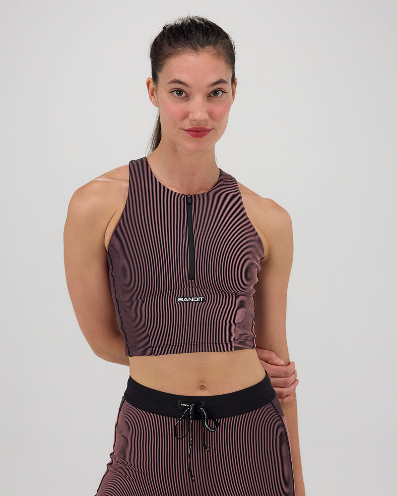Striped Cadence™ Zip Front Race Crop - Black/Mauve