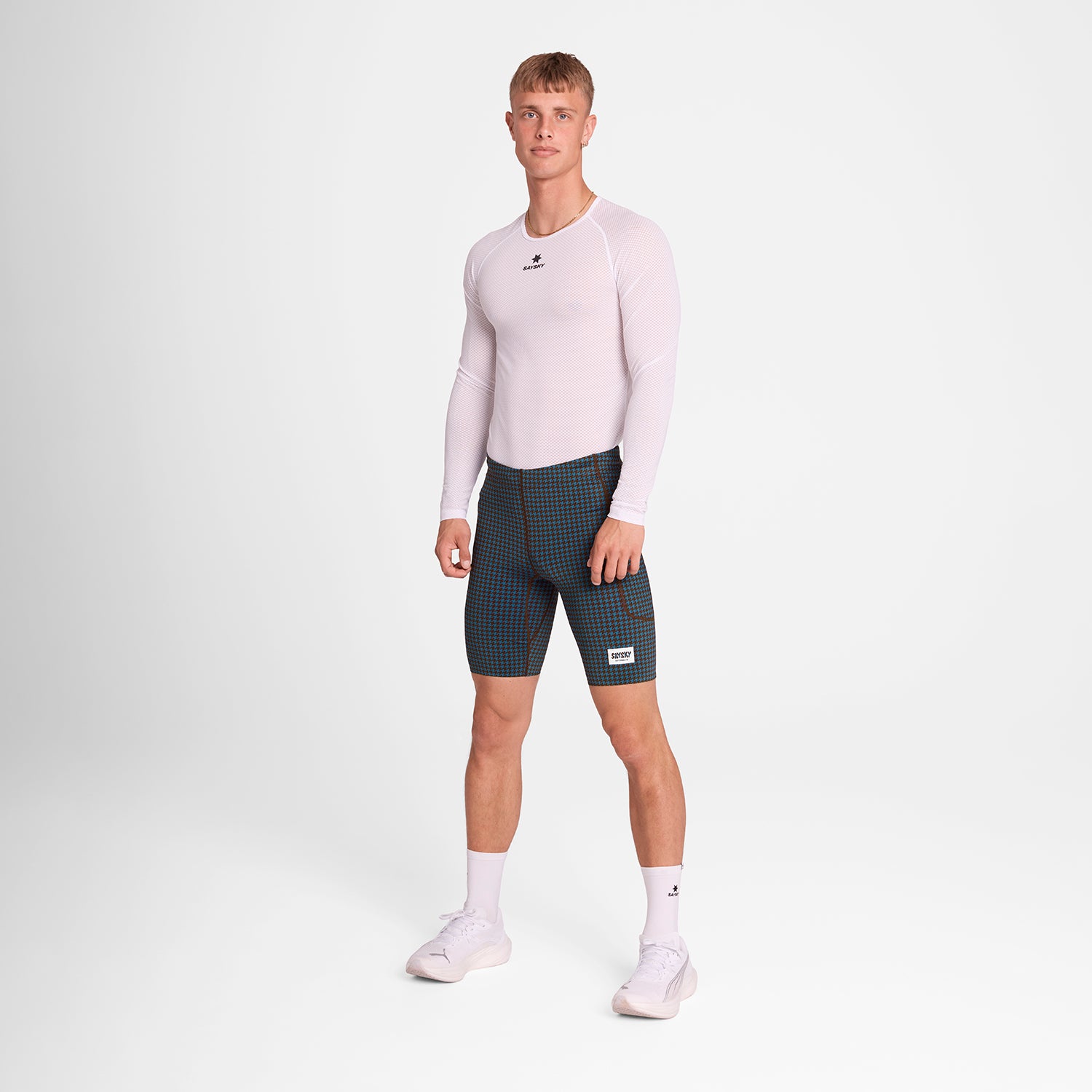 Houndstooth Combat+ Short Tights 9" - Blue