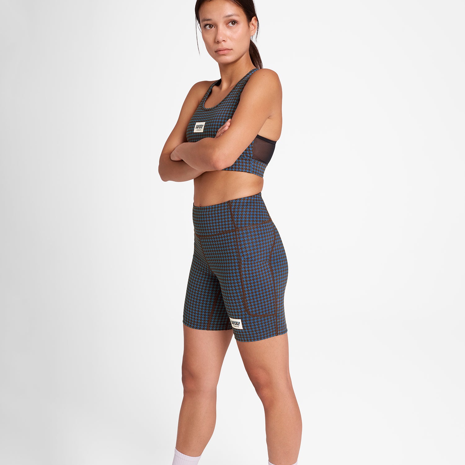 W Houndstooth Combat+ Short Tights 7&quot; - Blue